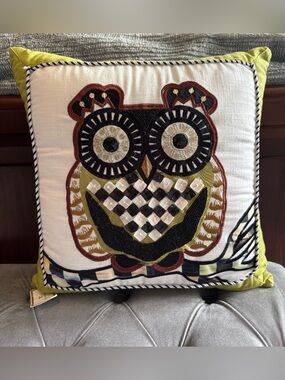 Mackenzie-Childs Beaded Owl courtly check pillow - New With Tags